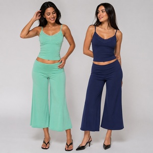 Women's Summer Sporty Solid Color V-neck Lace Camisole + Wide Leg Pants Two Piece Set Sleeveless Eco-Friendly Breathable Quick - Product Image 1