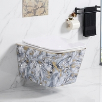 Nouvelle Tendance du Marché : Toilettes Murales de Luxe à Motif Marbre Doré, Cuvette WC en Céramique avec Couvercle Doré pour Salle de Bain