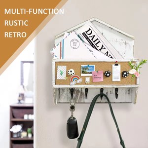 Wall-mounted <b>Rustic</b> White <b>Wooden</b> Storage Box With Cork Board And Hooks For Mail Key Organizer - Product Image 5