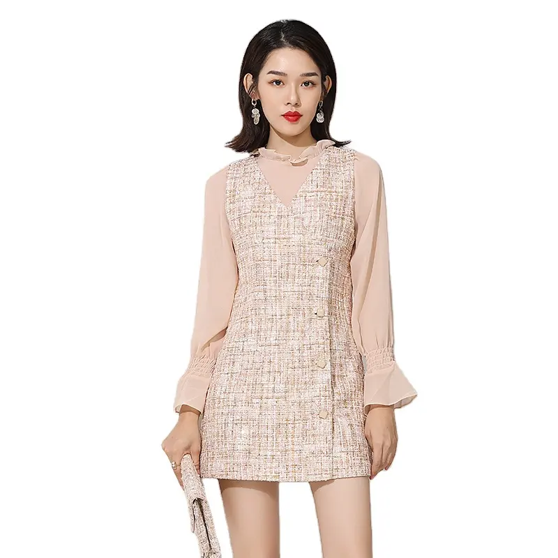 2021 Women High Quality Clothing Formal Two Pieces Outfits Beige Bell Sleeve Chiffon Blouse and Worst Warm Thick Dress Set