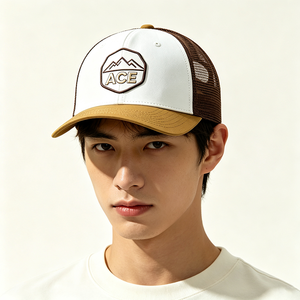 Custom Embroidery ACE Trucker <b>Hat</b> Two Tone White Brown Mesh Back Trucker <b>Cap</b> Outdoor Sports Adjustable Snapback Truck <b>Hat</b> - Product Image 1