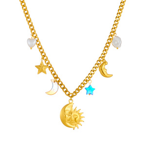 Sun And Moon Portrait Star Chunky Chain Pendant Gold Plated Stainless Steel Necklace For Women Gift - Product Image 5