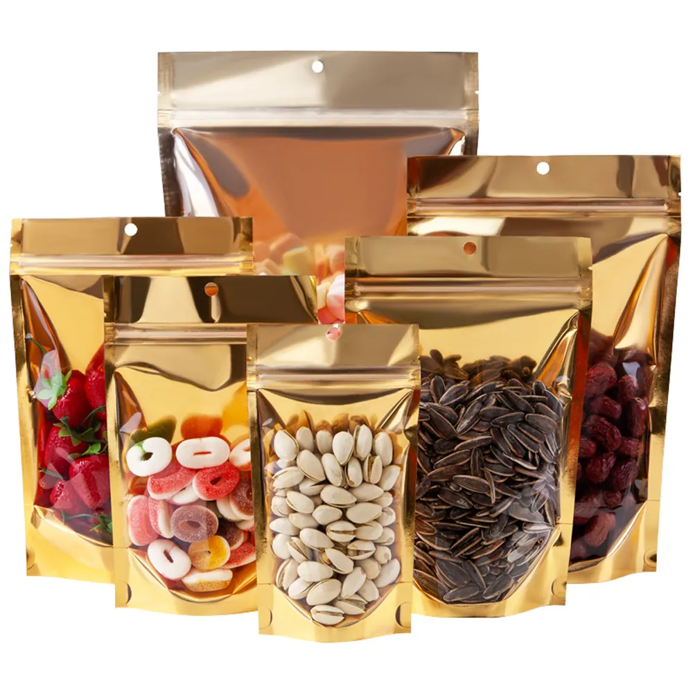 Custom Clear Front Window Glossy Gold Aluminium Folie Metallic Opbergzakje Rits Mylar Tas Voor Spice Food Verpakking