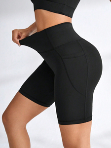 High Waist Black Yoga <b>Shorts</b> Pockets Four-Way Stretch Seamless Spandex/Polyester Fabric Tummy Control Elastic Custom Training - Product Image 2