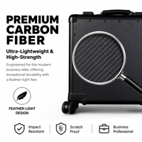 Bagage à main durable en fibre de carbone avec cadre en aluminium, roulettes pivotantes, design unisexe et fermeture et serrure noires