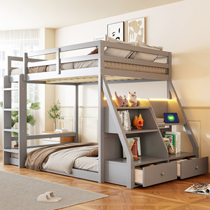 Cama litera completa con luces LED controladas por aplicación (7 colores), puertos USB, estantes de almacenamiento y 2 cajones, gris - Product Image 1