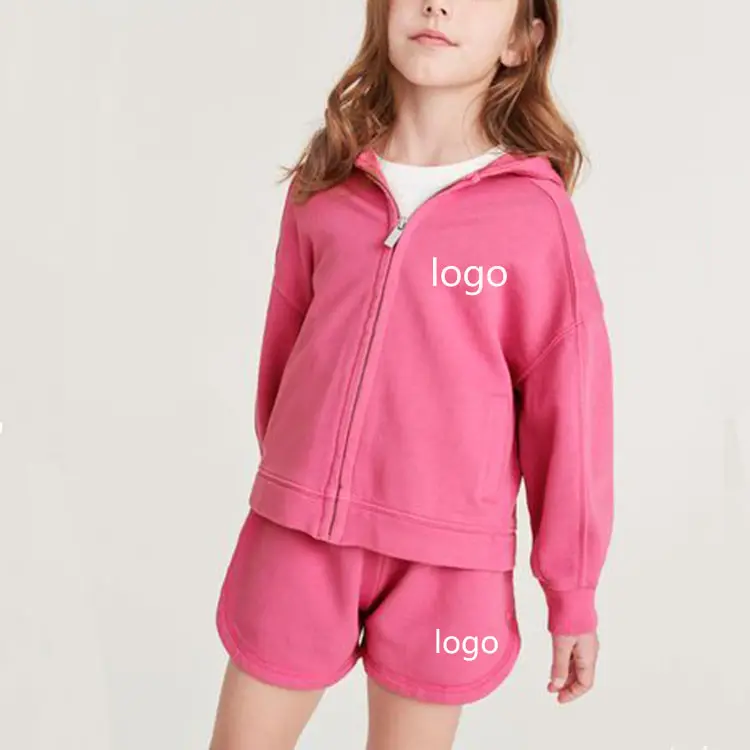 Benutzer definierte Logo Baumwolle Mädchen Kleidung Sets Reiß verschluss Hoodie Shorts zweiteiliges Set Kinder Boutique Kleidung Unisex Kinder Kleidung Set