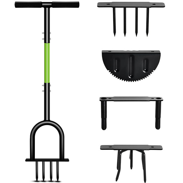 JH-Mech Heavy Duty Black Manual Detachable Four Spikes Soil Aerating Tool T Handle Carbon Steel Manual Lawn Aerators