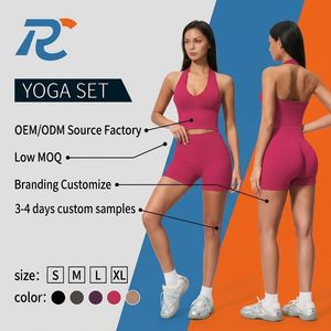 RONGCHAO OEM Custom Logo Women's Seamless Halter Tank Top And High Waist Shorts Yoga Set Gym Fitness Sportswear