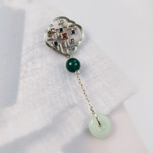 Chinese Style Hollowed Out Geometric Brooch With Jade Like Pendant For Women Hanfu Cheongsam Pin Everyday Wear - Product Image 4
