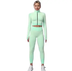 New Yoga Set Women's Open Navel Sexy Zipper Solid Color Sports Tights Women's Running Fitness Suit