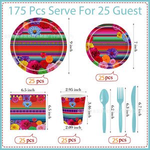 Mexican Carnival <b>Disposable</b> Tableware Set Paper <b>Plates</b> Cups Napkins Cutlery Party Supplies Kit Environment Friendly - Product Image 2