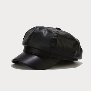 Béret de créateur pour femme, style rétro britannique, en cuir PU, casquette gavroche unie, décontractée pour l'automne-hiver, idéale pour les fêtes et les activités en extérieur - Product Image 2
