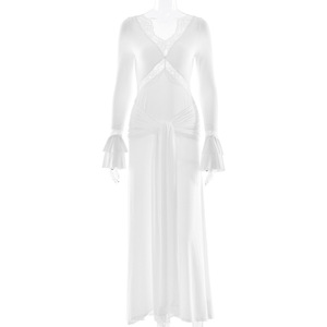 Robe de soirée élégante à col en V, style cache-cœur, avec superposition transparente, taille empire, manches longues, dos plissé, pour les loisirs - Product Image 5