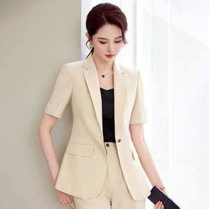Women's Suit Set Champagne Color Short Sleeve Breathable Lightweight Casual Formal Wear With Pocket Solid Color Polyester Fabric - Product Image 1