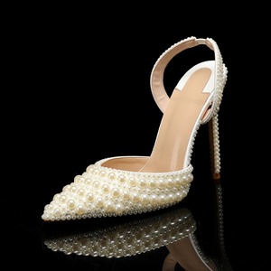 Escarpins à talons hauts pour femmes grandes tailles, entièrement ornés de perles, à bout pointu et bride arrière, élégants, blancs, pour tenues habillées, style sandales à talons sexy - Product Image 2