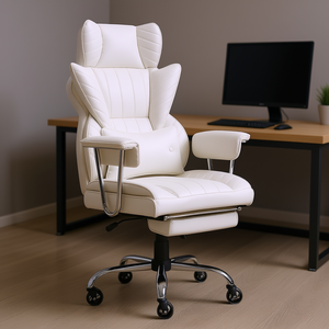 Chaise de bureau blanche avec repose-pieds, design exécutif en cuir PU, base métallique, roulettes silencieuses, support lombaire, accoudoirs réglables - Product Image 2