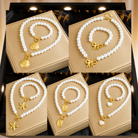 Ensemble de bijoux tendance pour femmes, plaqué or, acier inoxydable, collier de perles, bracelet, pendentif en forme de cœur, bijoux de plage