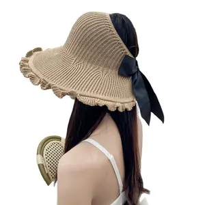 女式大号太阳帽，带波浪边空高顶帽子，适合户外沙滩和旅行日常使用卷起棉质遮光帽