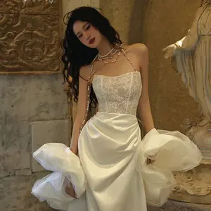 2956 französisches luxuriöses leichtes Fischschwanz-Hochzeitskleid Brautspitzen-Satin trägerloses Brautkleid Kleid