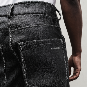 <span class=keywords><strong>Pantaloni</strong></span> in Pelle Sintetica Nera Effetto Screpolato a Vita Alta, Larghi e Oversize, Stile Streetwear, Modello Svasato da Motociclista per <span class=keywords><strong>Uomo</strong></span> - Product Image 2