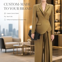 Ensemble tailleur asymétrique en tissu olive pour femme, pantalon large taille haute, épaulettes rembourrées, idéal pour le bureau, fabrication OEM/ODM directe usine