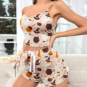 Conjunto de Pijama de Camisola y Pantalones Cortos con Estampado de Halloween Estilo Europeo y Americano 2024 - Product Image 1
