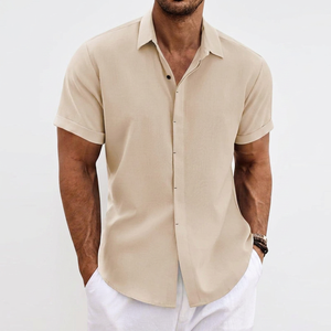 Camisa de Lino de Verano para Hombre con Logotipo Personalizado, Manga Corta, Cuello con Solapa, Botones Ocultos, Estilo Casual para Playa o Boda, Fabricante - Product Image 1
