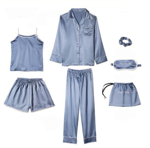 Ensemble de pyjamas 7 pièces en <span class=keywords><strong>satin</strong></span> de soie pour femmes Pyjamas de couleur unie Vêtements de nuit pour femmes - Product Image 2