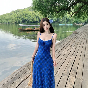 Blue Plaid Sundress Women Long Summer Dress Anti Uv Protection UPF 50 For Tourism Beach Camping Daily Wear - Product Image 3