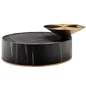 Nuevo diseño de muebles para sala de estar, <span class=keywords><strong>mesa</strong></span> de centro <span class=keywords><strong>baja</strong></span>, <span class=keywords><strong>mesa</strong></span> auxiliar <span class=keywords><strong>redonda</strong></span> de dos capas de mármol negro, Metal dorado para salón - Product Image 1