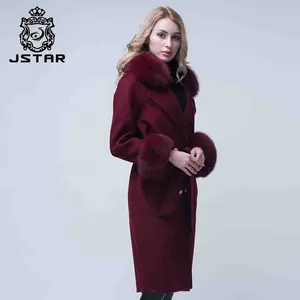 100% Wol Pakaian Wanita Kasmir Mantel dengan Fox Bulu Kerah dan Manset Panjang Kasmir Mantel