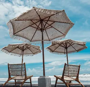 Boho makrome tarzı pamuk saçak ile bahçe şemsiyesi ahşap Premium veranda havuz için dokuma gölgelik şemsiye