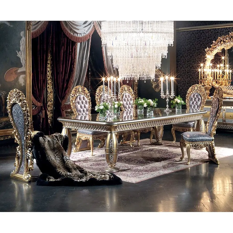 Europese Klassieke Stijl Elegante Antieke Gouden Houten Eetkamer Meubels Sets Met Eettafel En Stoelen