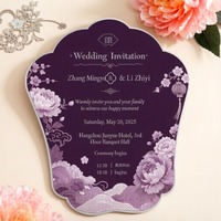 Custom Scalloped Paper Fan for Wedding Invitation, Textured Cardstock, Peony Gold Foil Print, Oriental Wedding