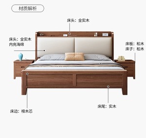 Meubles de chambre à coucher : Lit en bois massif chinois en noyer avec cadre moderne, lit en bois luxueux et extra-large. 896 Construction en bois massif - Product Image 6