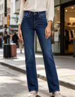 Jean en denim respirant pour femme, coupe droite, délavage foncé, taille mi-haute, 100 % coton, personnalisable, OEM, vente en gros