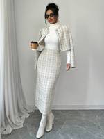 Ensemble Deux Pièces pour Femme : Veste en Tweed à Manches Longues et Jupe Trapèze Imprimée pour la Saison d'Automne