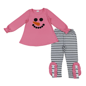 Bordado Navidad muñeco de nieve caliente Rosa manga larga negro rayas pantalones niñas conjunto ropa de bebé seda Boutique venta al por mayor alta - Product Image 1