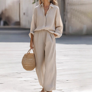 Women's Casual <b>Linen</b> Suit <b>Set</b> Long Sleeve Shirt And Trousers Solid Color S M L XL XXL XXXL For Europe And America - Product Image 3