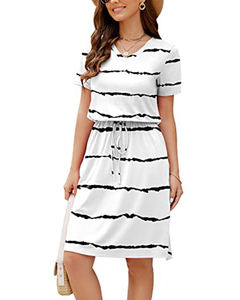 Femmes <span class=keywords><strong>grande</strong></span> <span class=keywords><strong>taille</strong></span> rayé imprimé été robes décontractées col en V à manches courtes sangle <span class=keywords><strong>taille</strong></span> doux Style usine en gros - Product Image 2