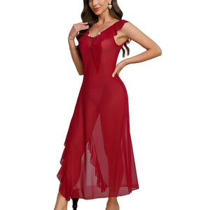 Abito estivo da donna casual traspirante <span class=keywords><strong>con</strong></span> scollo a V profondo, spalline spesse, volant in pizzo e <span class=keywords><strong>spacco</strong></span> <span class=keywords><strong>laterale</strong></span> in rete - Product Image 1