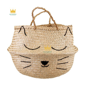 Handwoven Cute Cat Shaped Natural Rattan <b>Woven</b> Storage <b>Basket</b> With Handles For Home Decoration - Product Image 1