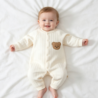 Neugeborenen Baby Thermo-Strampler Vertikal Gerippter Gesteppter Baumwoll-Einteiler mit Bären-Applikation Langarm Druckknopfverschluss Säuglings-Bodysuit