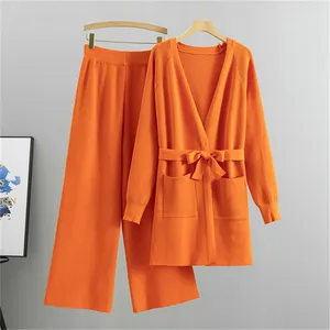 Taille S-XXL couleur unie femmes ensemble pantalon à jambes larges + tricot long cardigan top coat lâche à la mode 2 pièces ensemble