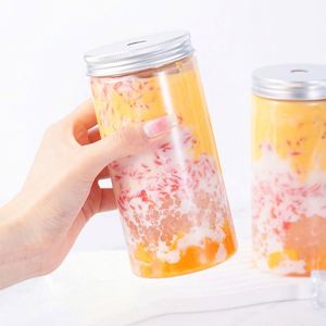 Wholesale Transparent Plastic <b>Cans</b> With Aluminum Lids Custom Logo PET Cups <b>Coffee</b> Milk Fruit Juice Plastic <b>Cans</b> Beverage Bottle - Product Image 4