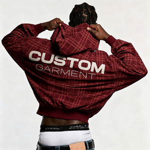 OEM Custom Embroidery Logo <strong>Mens</strong> <strong>Burgundy</strong> Corduroy Streetwear Heavyweight Hooded Pullover Cropped Oversized Plaid Zip up <strong>Hoodie</strong> - Product Image 1