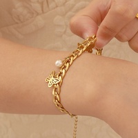 Bracelet tendance plaqué or 18 carats, bracelet en acier inoxydable avec breloques papillon, bracelet avec chaîne de perles, bijoux de mode pour femmes