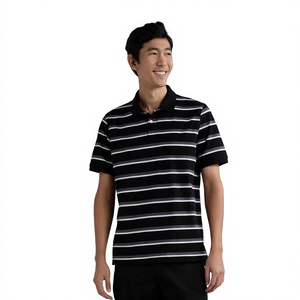 เสื้อโปโลผู้ชายแขนสั้นลายทาง ผ้าถัก สวมใส่สบาย ทรงปกติ สีดำ ขาว เทา - Product Image 1