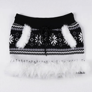 Fair Isle Vacation <b>Fur</b> Patchwork Colorblock Mini Skirt BM Autumn Winter Low Waist Design Snowflake Pattern Knit Bodycon Skirt - Product Image 6